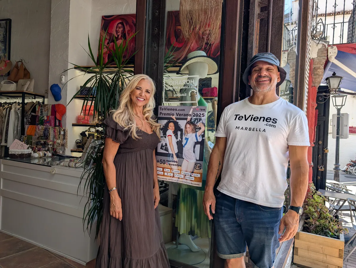 Santi Esteban with a local business owner in Marbella, showing how TeVienes helps more people discover real local businesses.